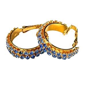 Vintage Gold Tone Hoop Earrings with Blue Rhinestones – Clip-On Mid-Century Glam